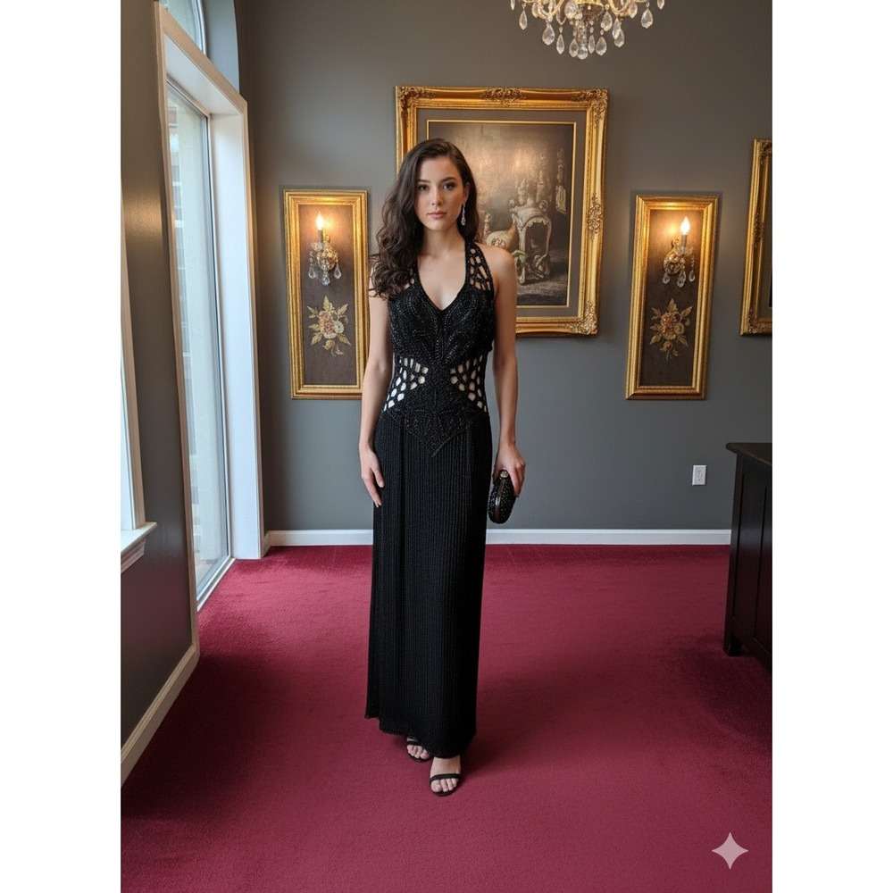 Scala vintage 90prom Black Beaded Halter Neck Glamour dressSize L